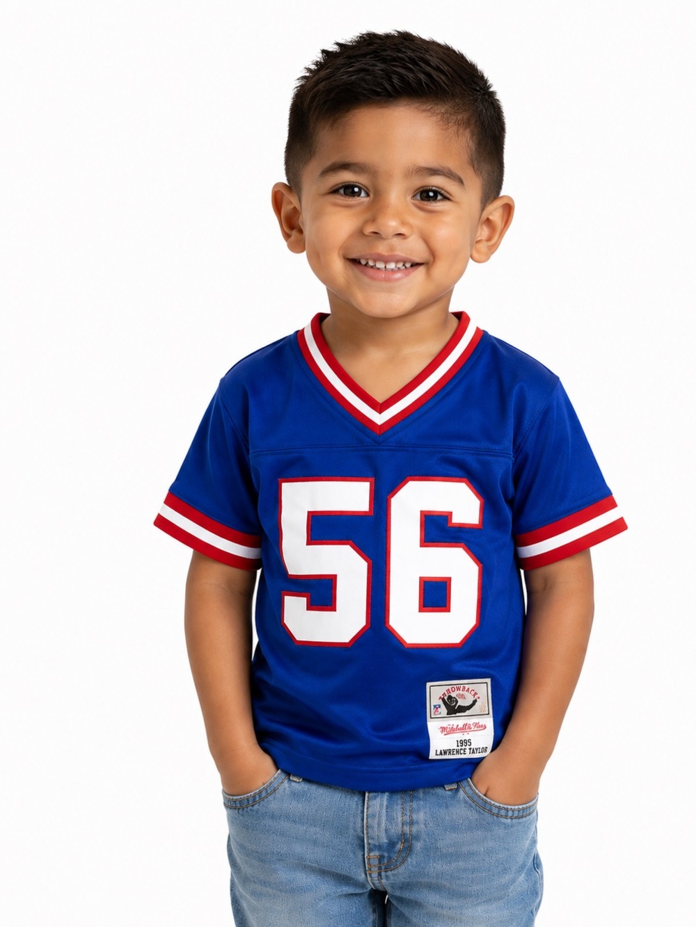 Mitchell & Ness Royal Blue 4T Football Jersey with White 56 and Red Trim